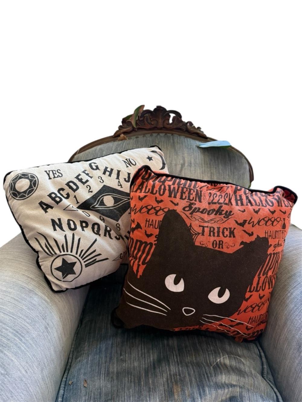 Halloween Cat & Ouija Decorative Throw Pillow Duo Witch’s Estate Sale 15yr old
